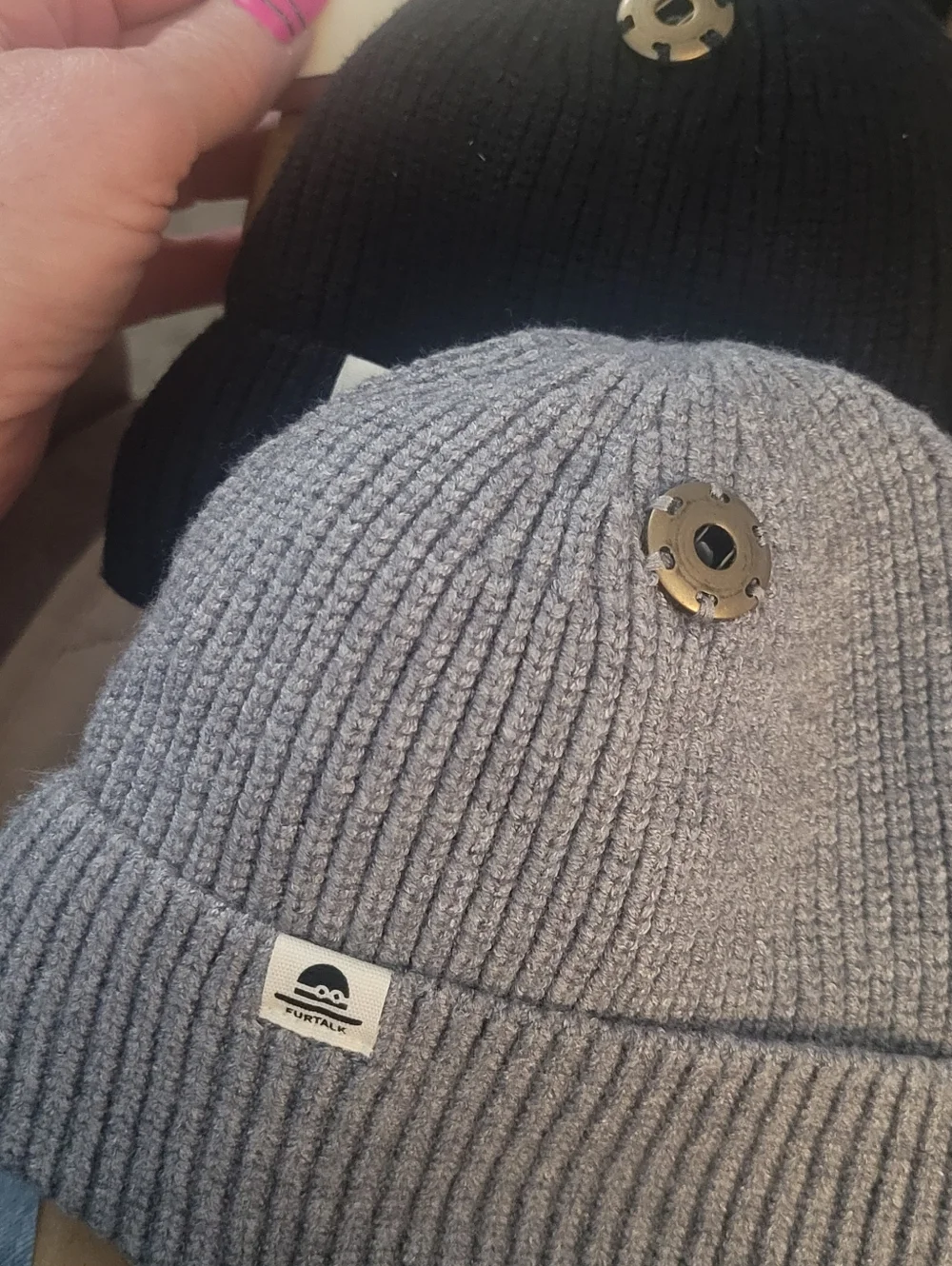 Furtalk Gray & Black Ribbed Knit Beanies With Pom Poms.grows With Your Child